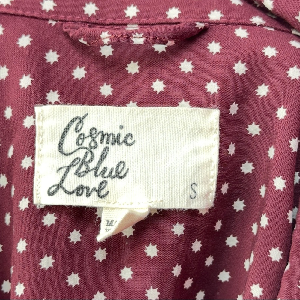 Women's Half-Button Blouse Top Maroon with White Starburst Dots Cosmic Blue Love - Picture 4 of 6
